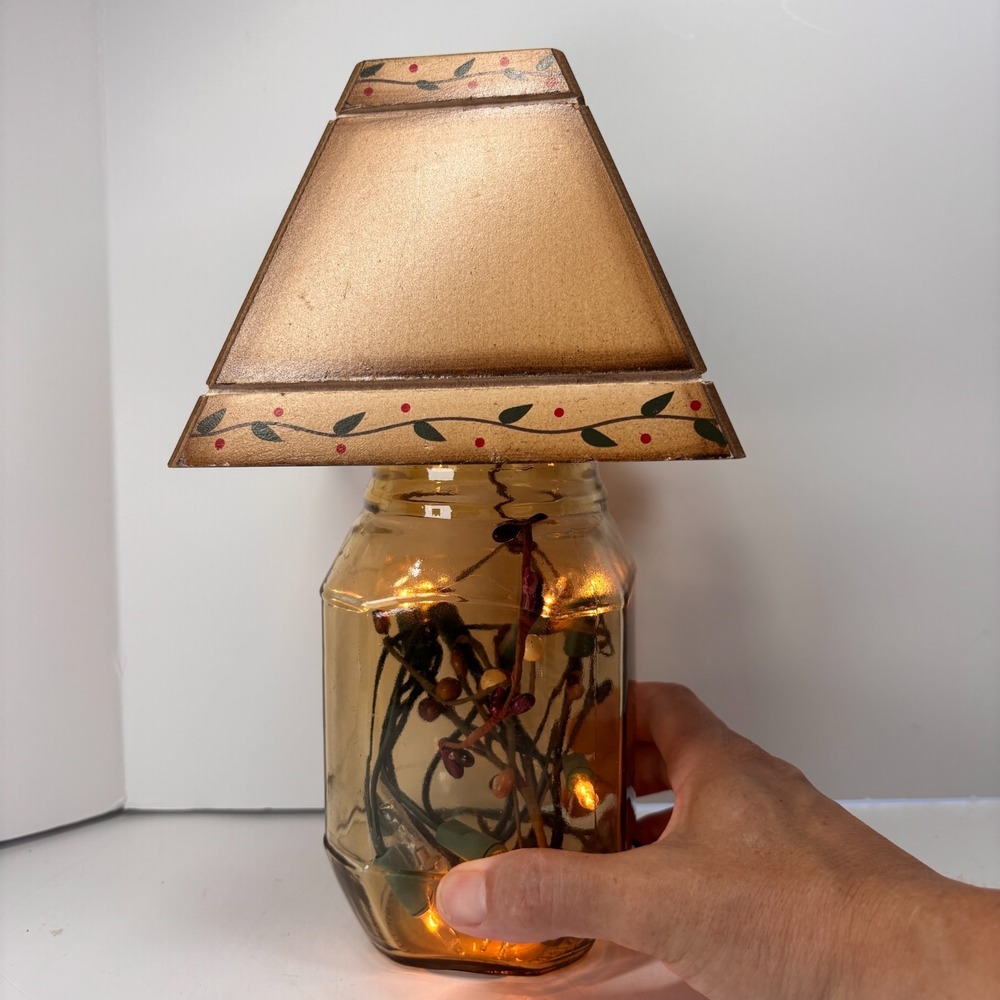 Lighted Jar Accent Lamp w Wooden Shade Lighted Berry Cottage Farmhouse Decor - Picture 9 of 10